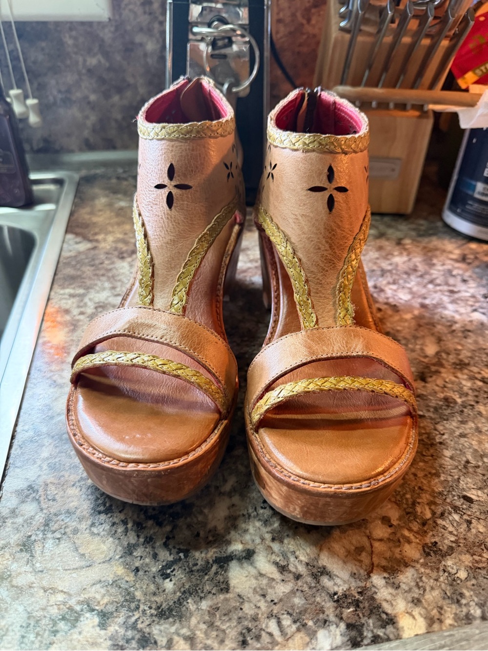 Bed Stu Tan Leather Platform Wedge Sandals with Gold Braid